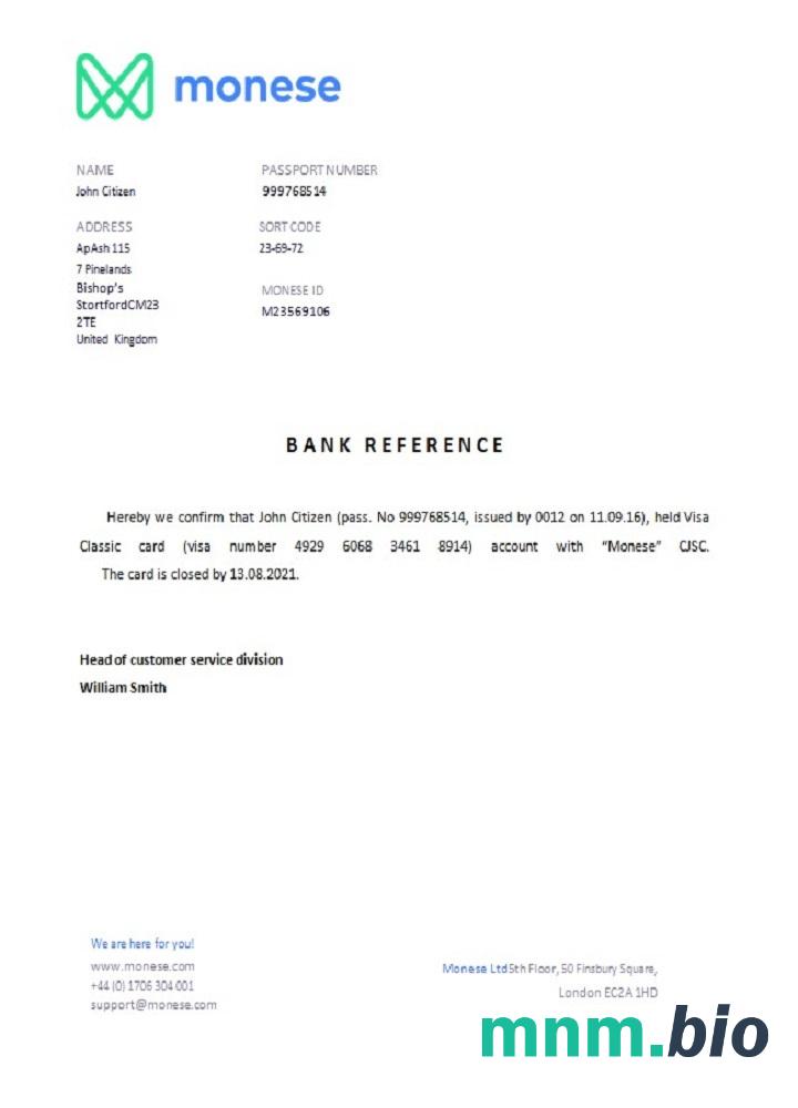 Przykład odniesienia do zamknięcia Monese w Wielkiej Brytanii w formatach Word i PDF